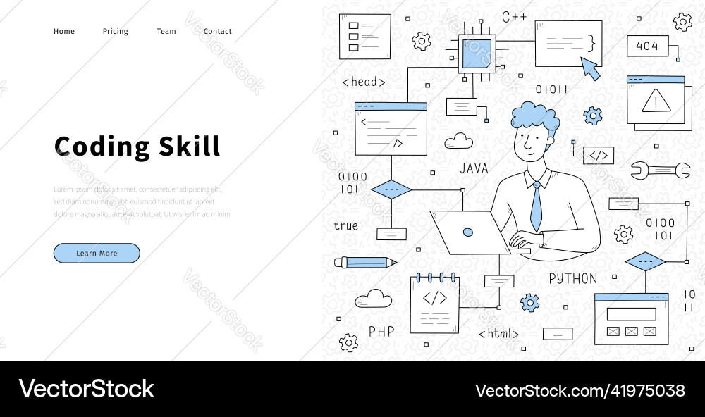 Coding skill doodle landing page with programmer Vector Image