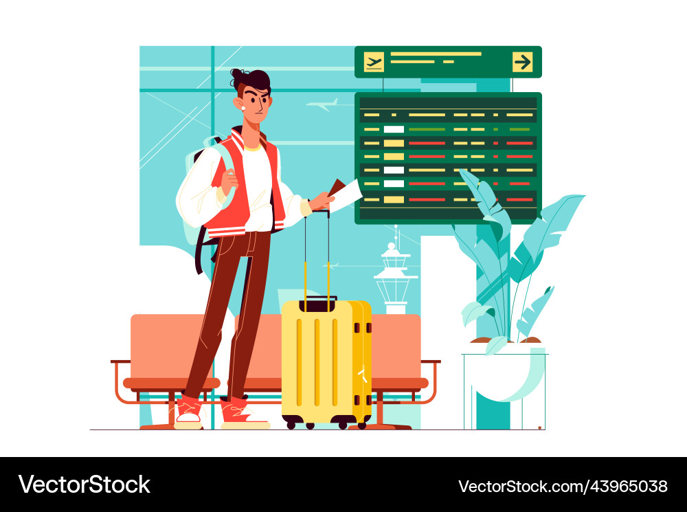 Upset passenger with luggage wait for departure Upset passenger with luggage wait for departure vector image