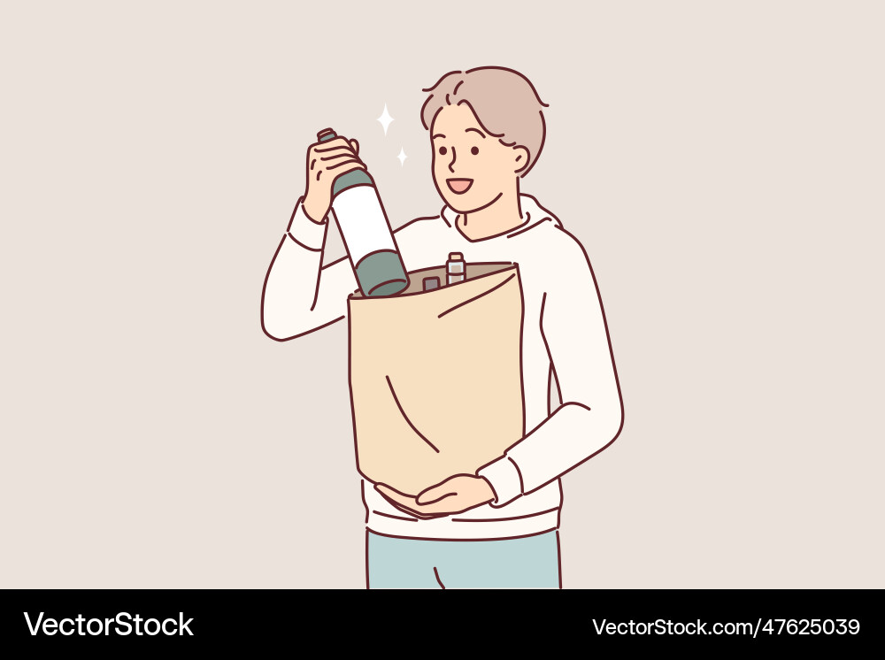 Man with bottle of wine in paper bag returns from Vector Image