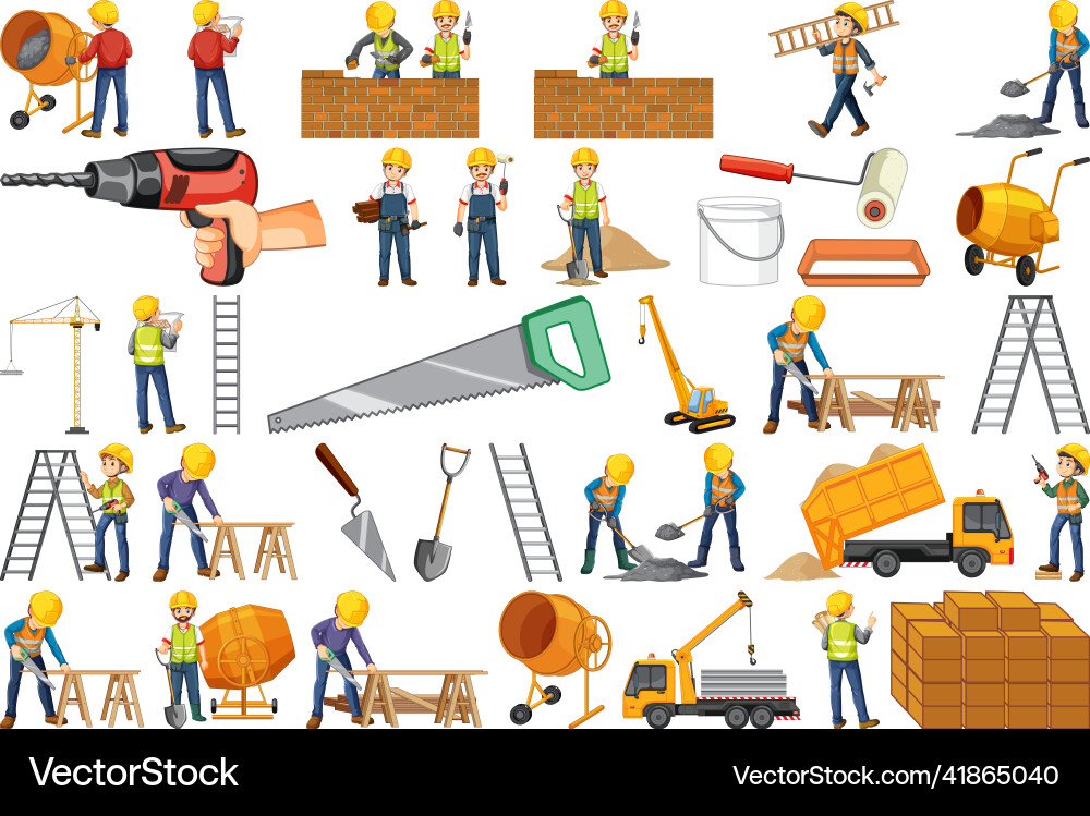 Construction worker set with man and tools Vector Image
