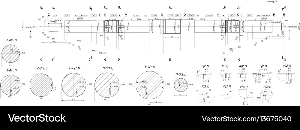 Expanded shaft sketch with hatching sections vector image