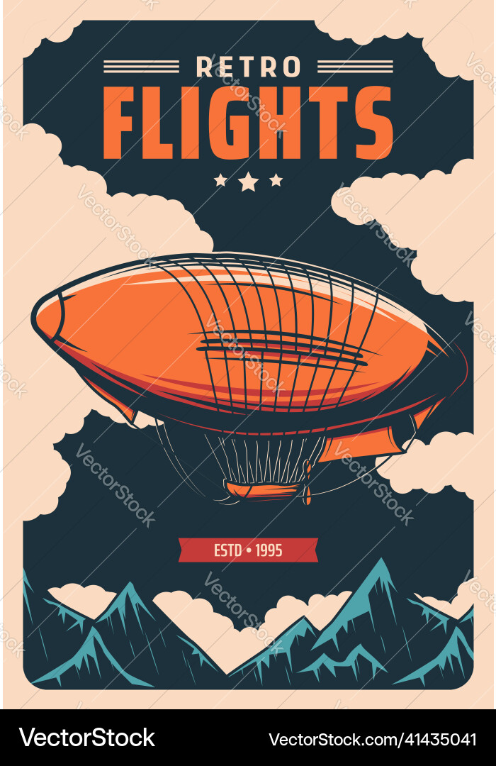 Air travel retro poster with dirigible in alps Air travel retro poster with dirigible in alps vector image