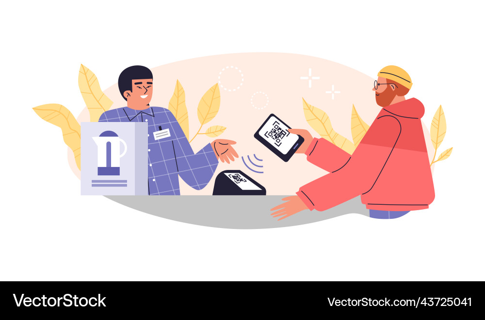 Man uses qr code to pay in hardware store flat Vector Image
