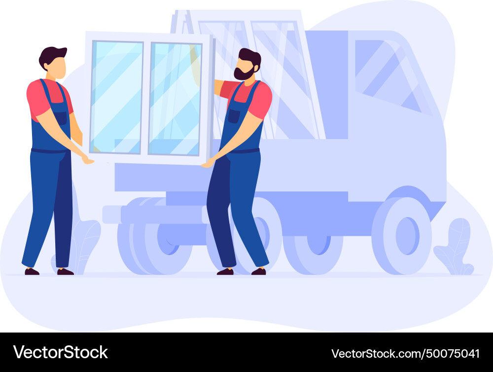 Two workers in uniforms are loading glass window Two workers in uniforms are loading glass window Vector Image