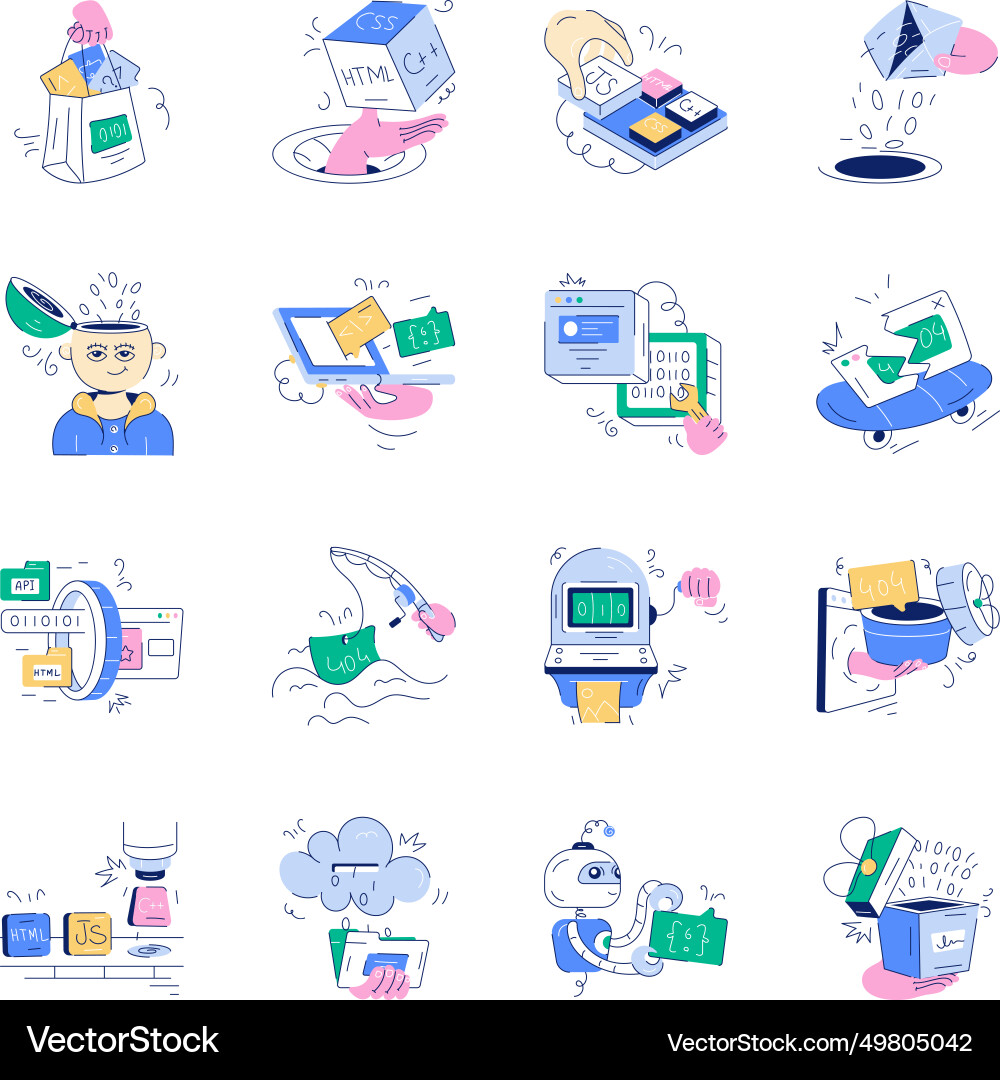 Pack of web programming doodle mini vector image