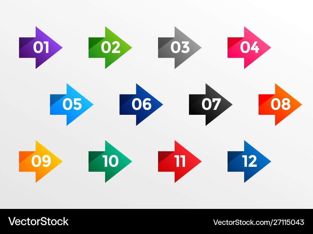 Arrow bullet point numbers from one to twelve Arrow bullet point numbers from one to twelve vector image
