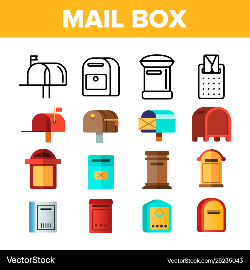 Mail box post linear and flat icons set Mail box post linear and flat icons set vector image