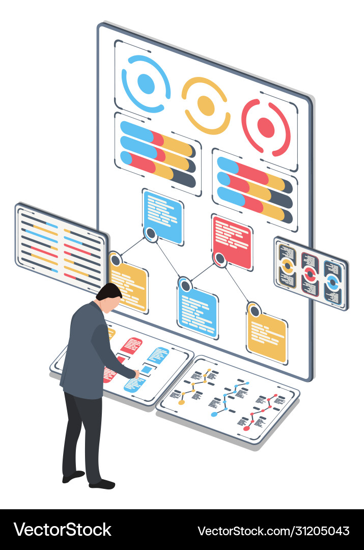 Man with statistical data infographic presented Man with statistical data infographic presented vector image