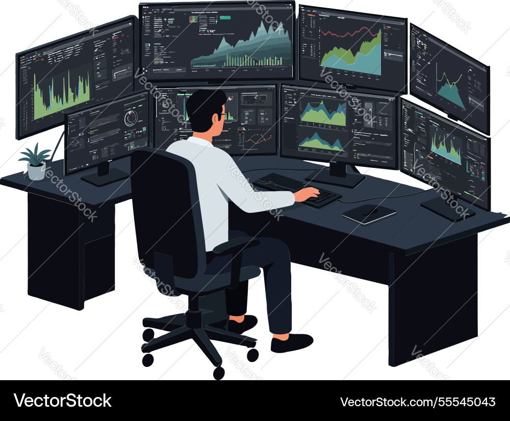 Professional man analyzing data on multiple Professional man analyzing data on multiple vector image