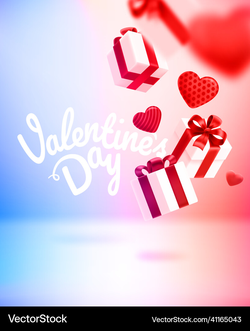 Valentines day card with falling gift boxes vector image