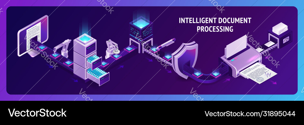 Document processing isometric landing page banner Document processing isometric landing page banner vector image