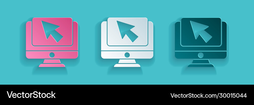 Paper cut computer monitor and cursor icon Paper cut computer monitor and cursor icon vector image