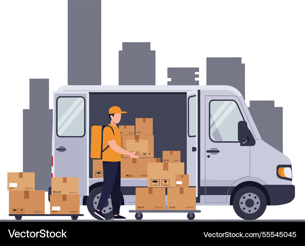 Delivery worker unloading cardboard boxes from Delivery worker unloading cardboard boxes from vector image