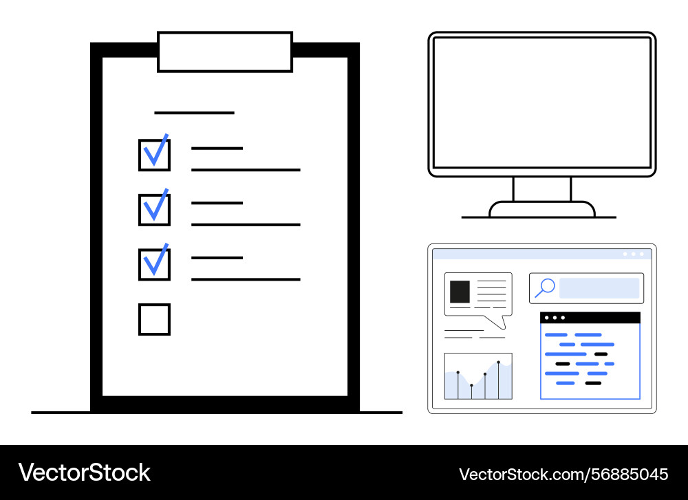 Task-Checkliste mit Desktop-Monitor und Web Task-Checkliste mit Desktop-Monitor und Web Vektorbild