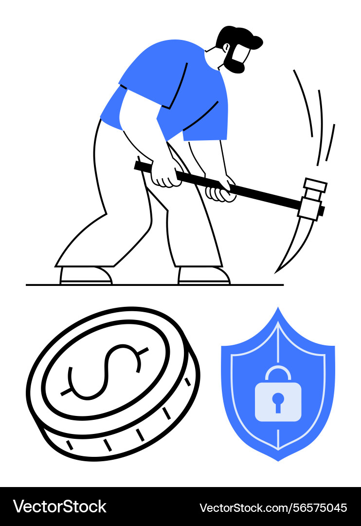 Worker mining cryptocurrency with pickaxe secure Worker mining cryptocurrency with pickaxe secure vector image