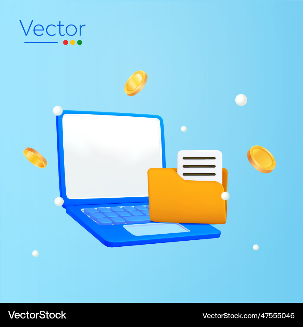 3d laptop with folder and file floating coins 3d laptop with folder and file floating coins vector image