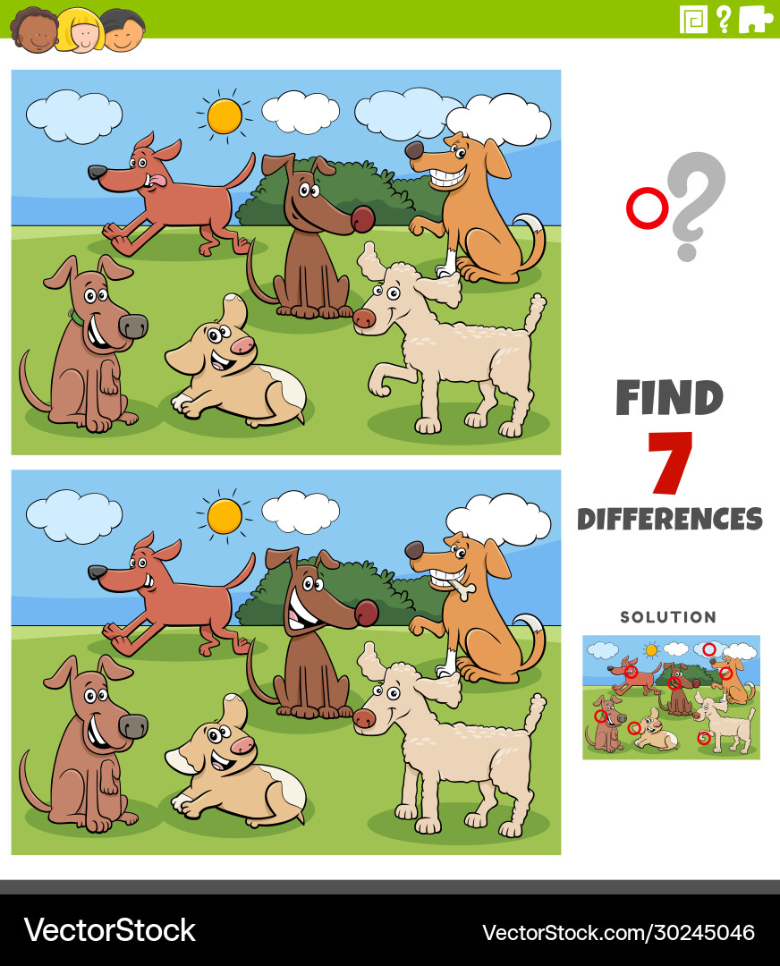 Differences task with dog characters group Differences task with dog characters group vector image