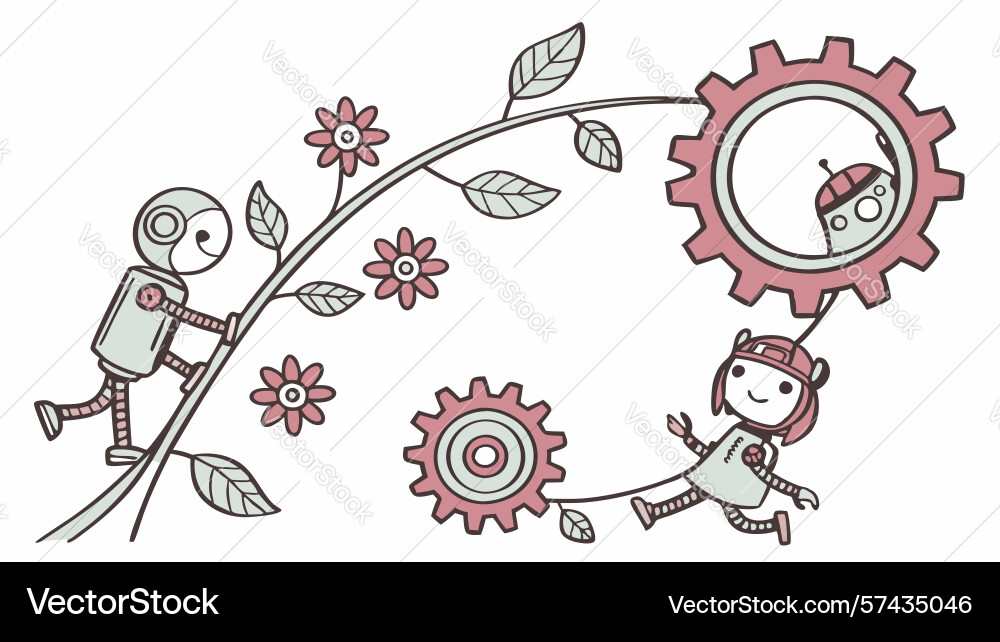 Robot characters on gears vines mechanical Vector Image
