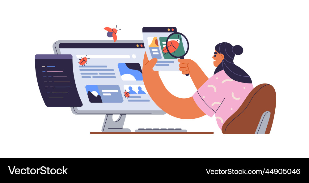 Software tester at computer finding program bugs Software tester at computer finding program bugs vector image