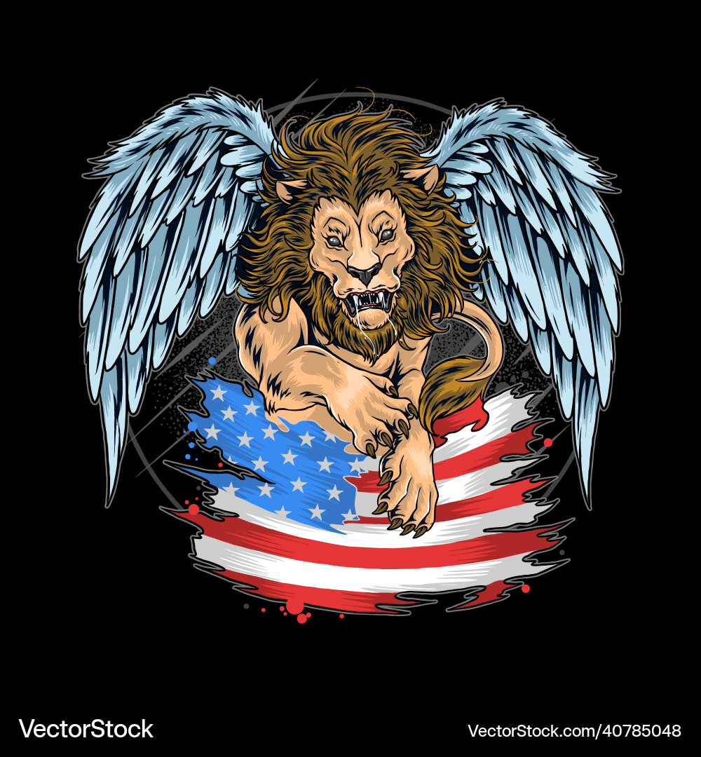 A lion with wings holding an american flag A lion with wings holding an american flag vector image