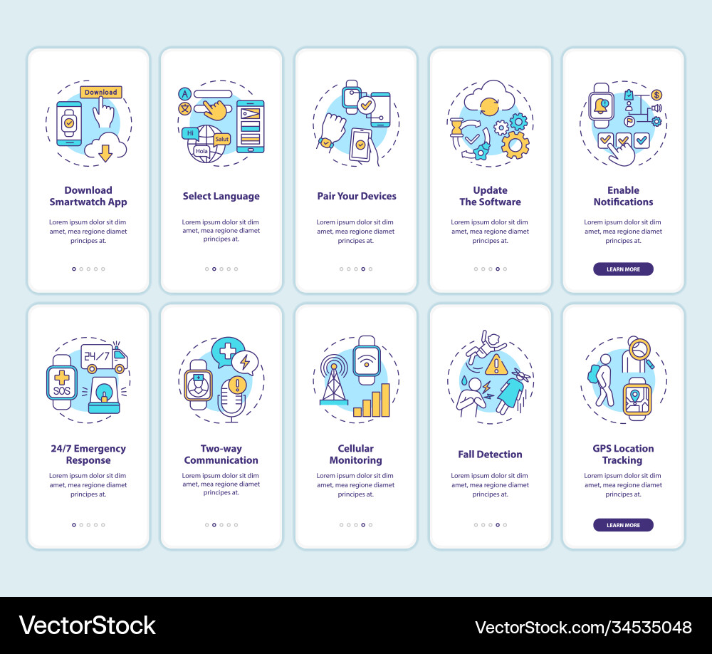 Smart watch install hints onboarding mobile app vector image