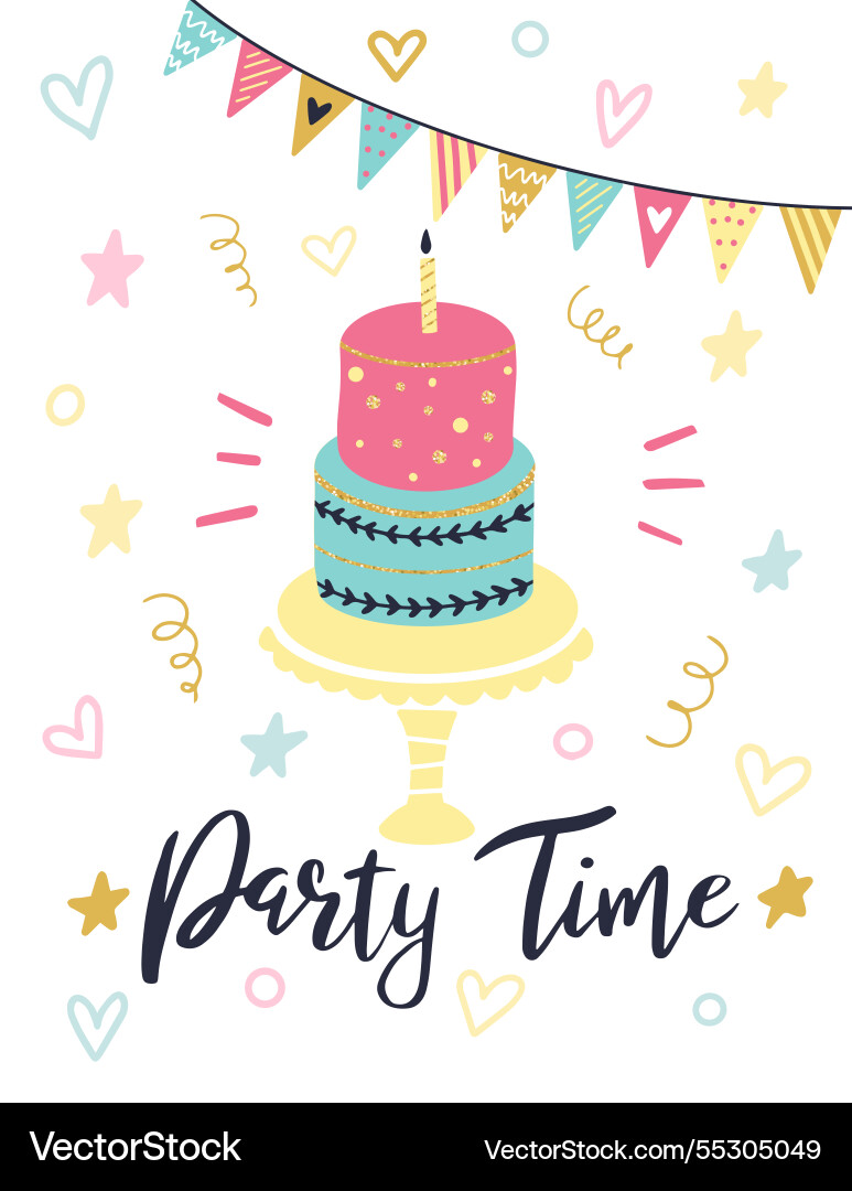 Colorful birthday cake with a lit candle sitting Colorful birthday cake with a lit candle sitting vector image