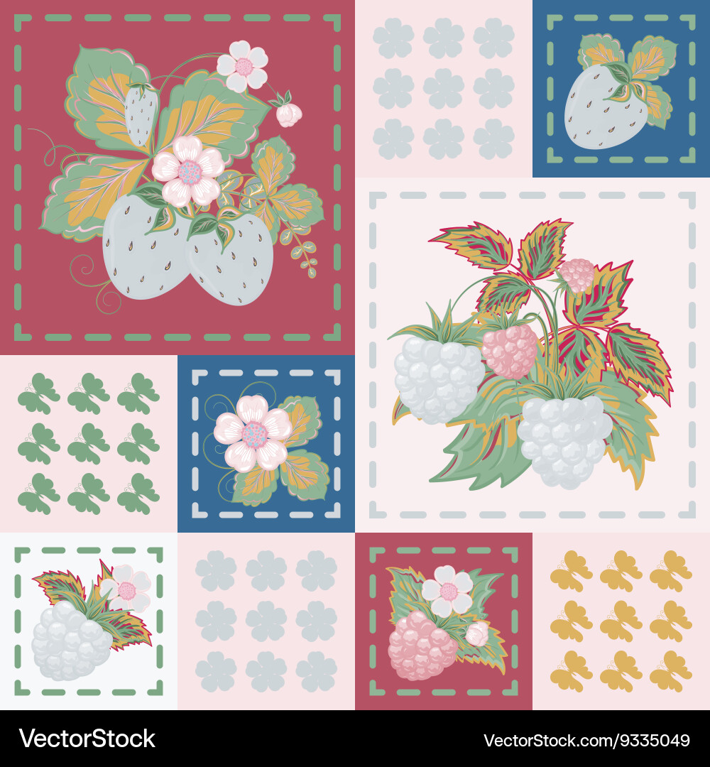 Patchwork background with strawberries vector image