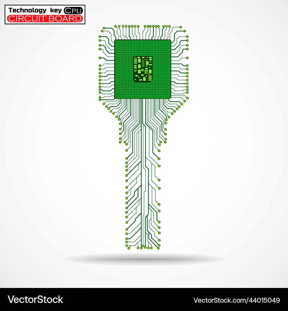 Technology key with circuit board and cpu on white Technology key with circuit board and cpu on white Vector Image