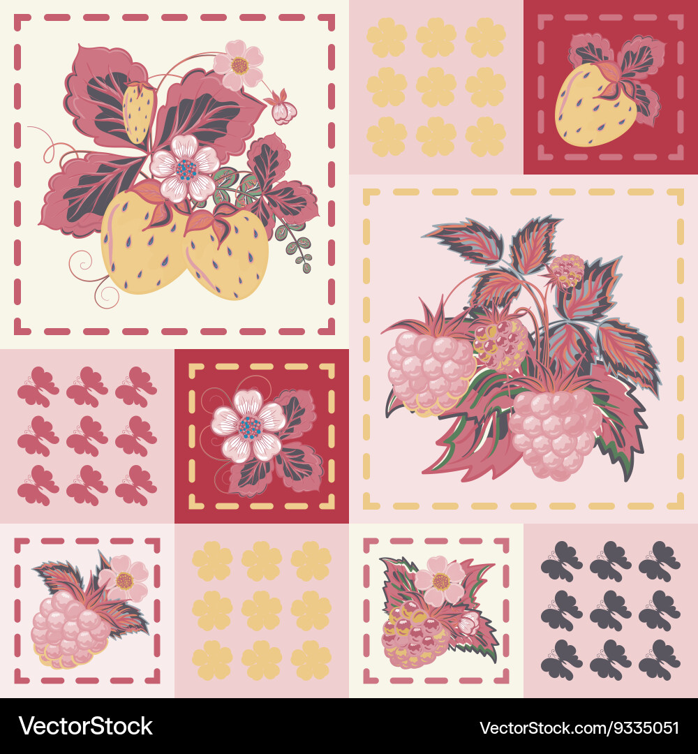 Patchwork background with strawberries vector image