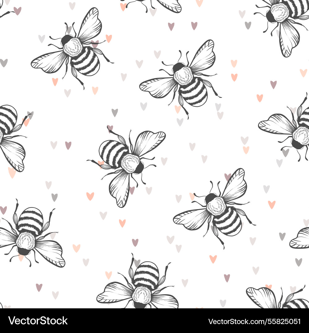 Seamless pattern with bees on floral background Vector Image