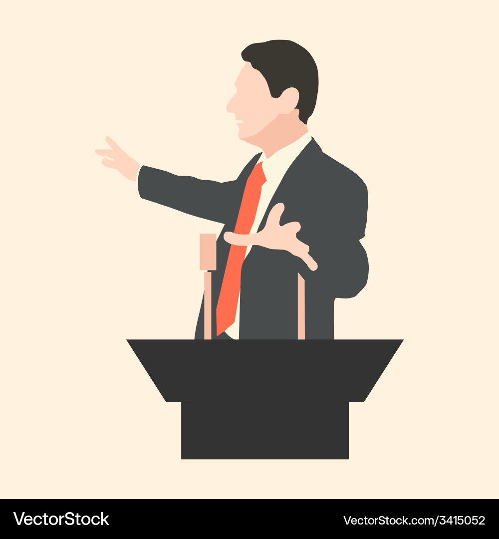 Orator speaks with broad gestures behind a podium vector image
