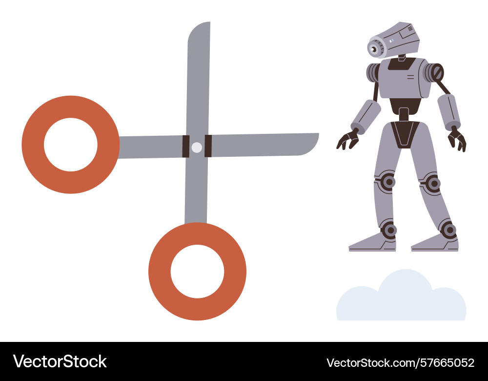 Robot beside large scissors representing Vector Image