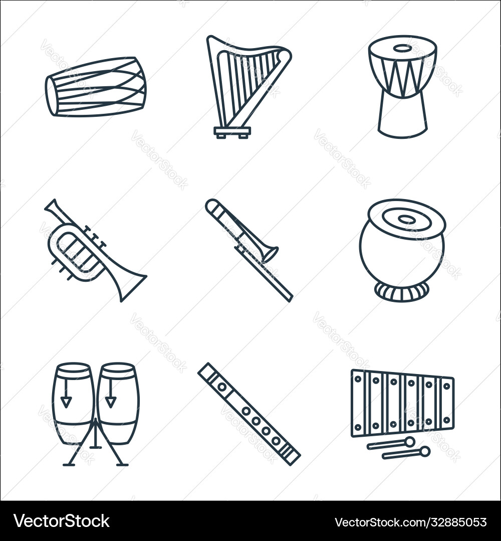 Music instruments line icons linear set quality Music instruments line icons linear set quality vector image