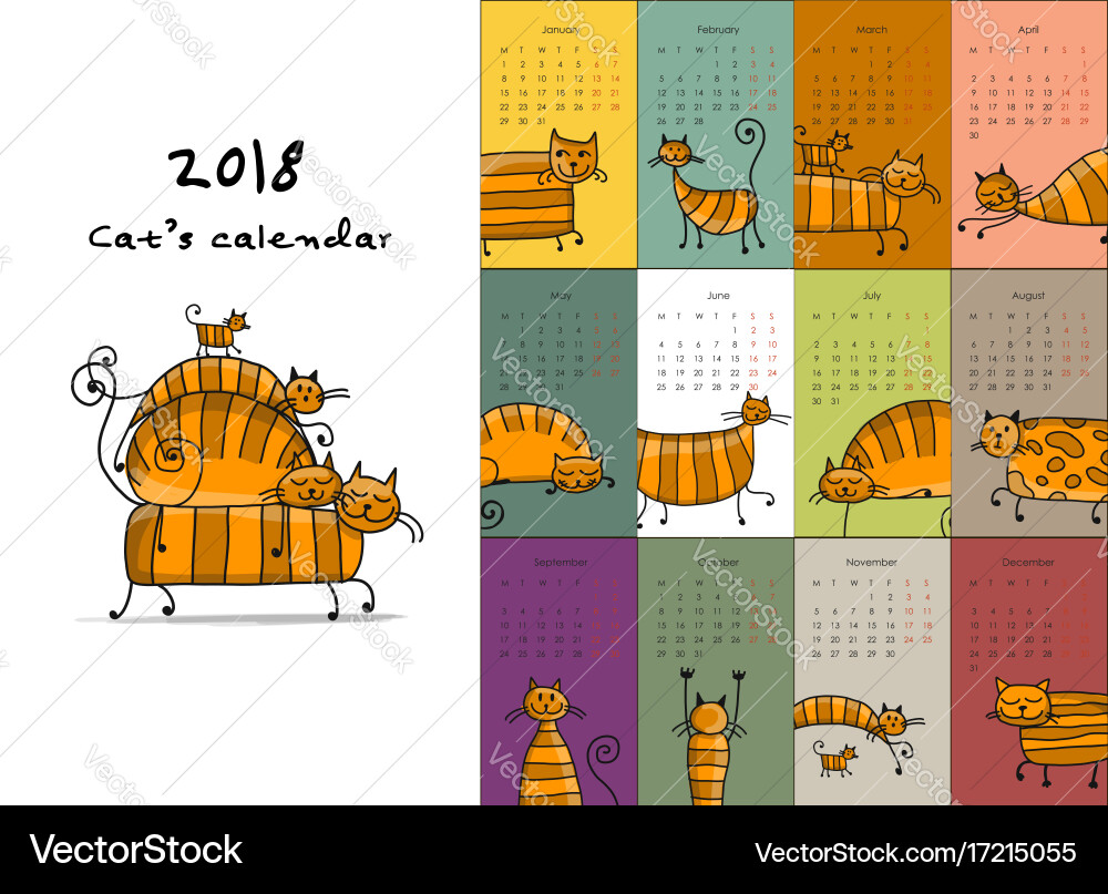 Striped Cats Calendar 2018 Vector Image