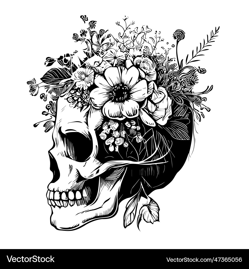Floral Skull Sketch Vector Image