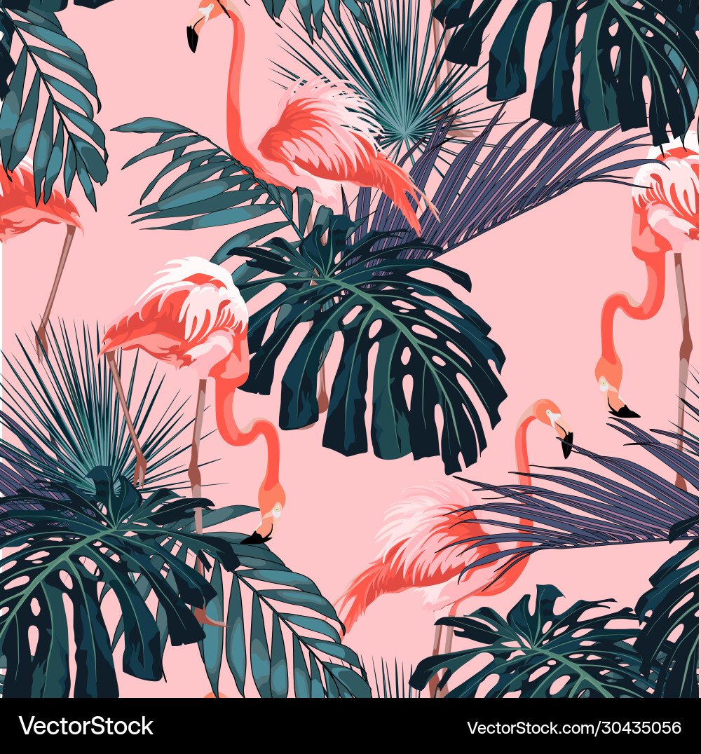 Pink Flamingo Tropical Leaves Vector Image