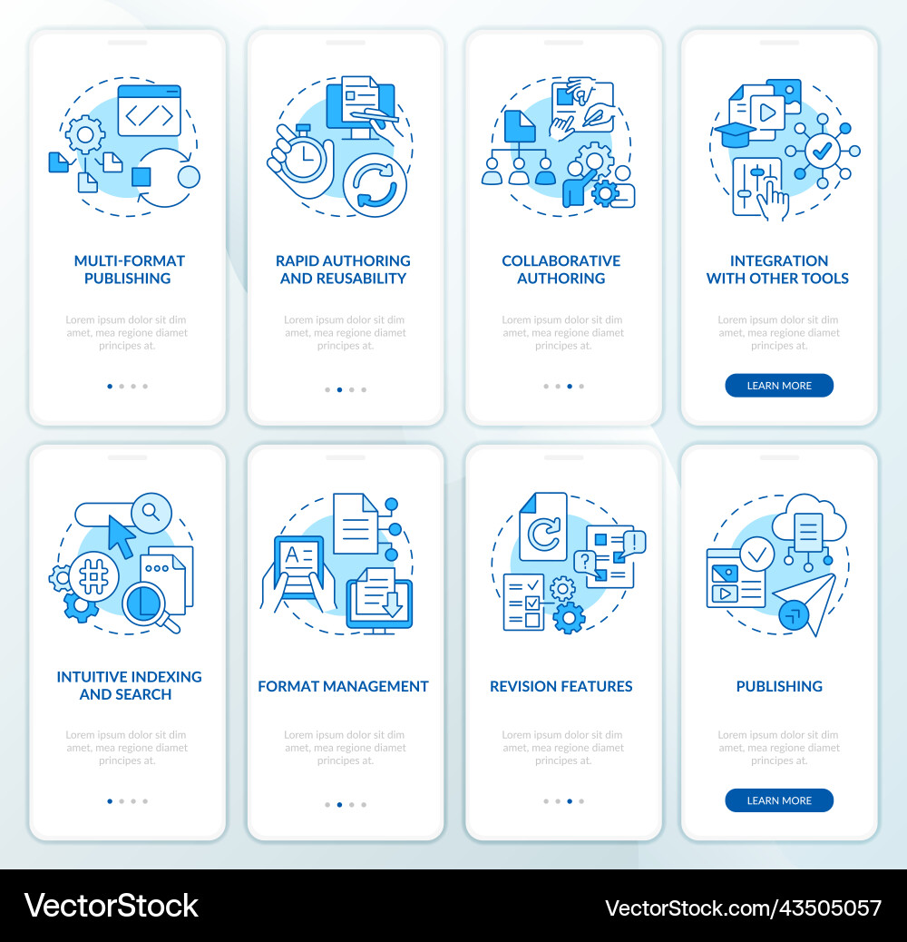 Lcms and cms features blue onboarding mobile app Lcms and cms features blue onboarding mobile app Vector Image