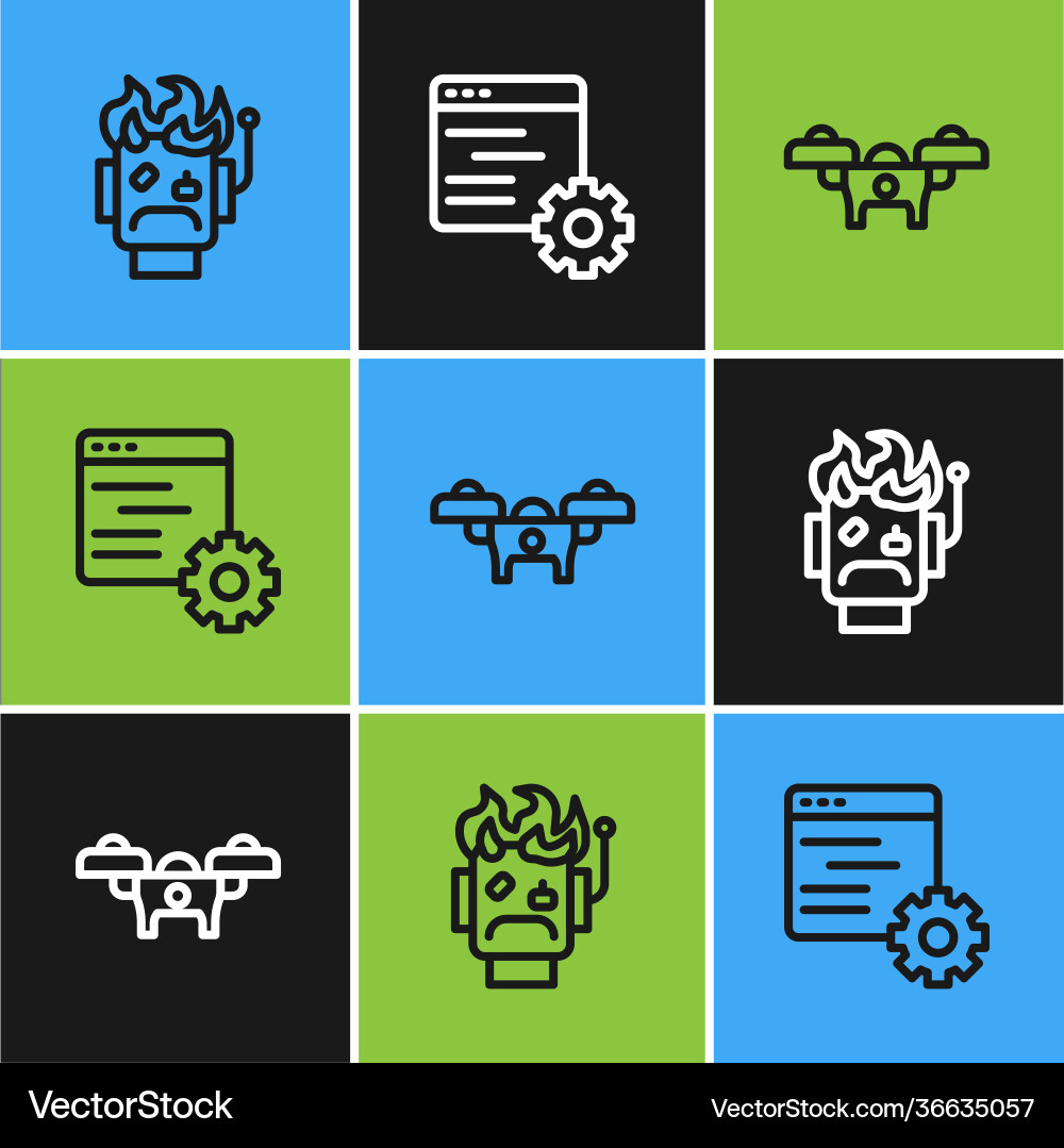 Set line robot burned out drone and computer api Set line robot burned out drone and computer api vector image