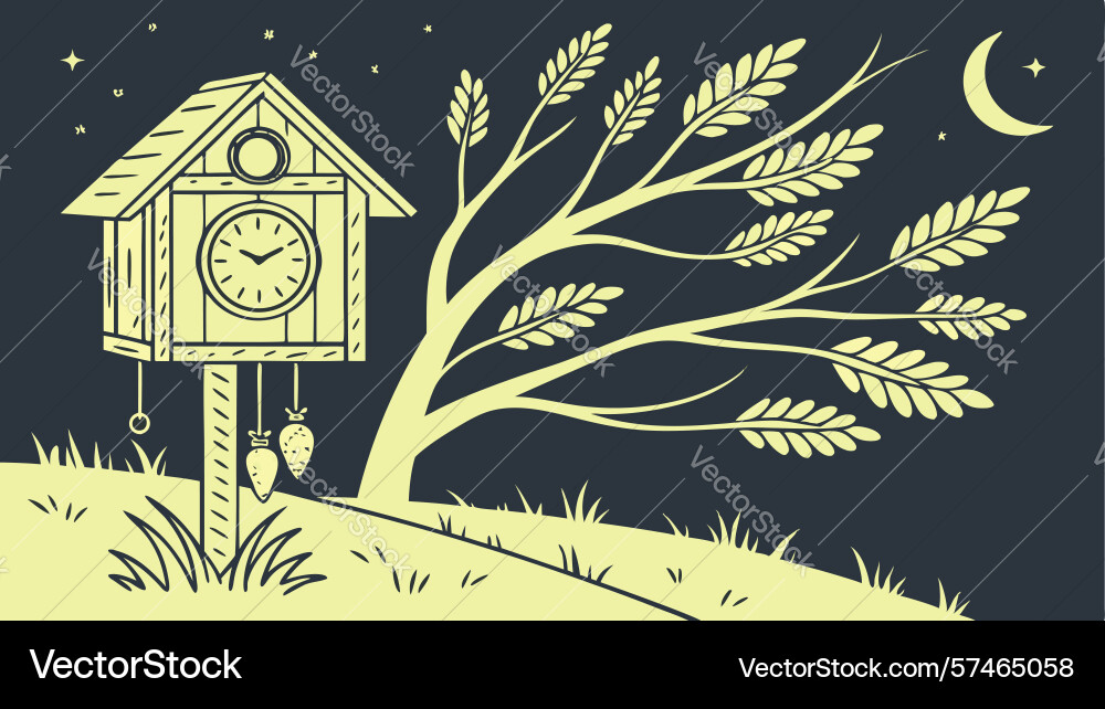 Cuckoo clock on tree branch in moonlit forest vector image