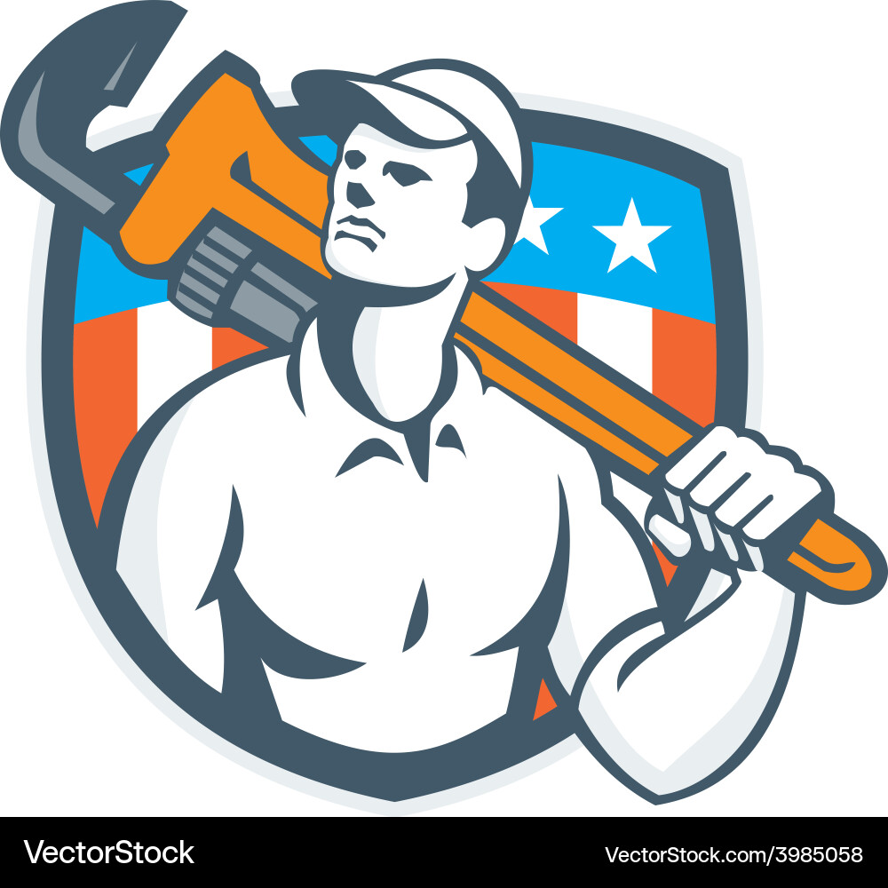 Plumber with Wrench and USA Flag Vector Image