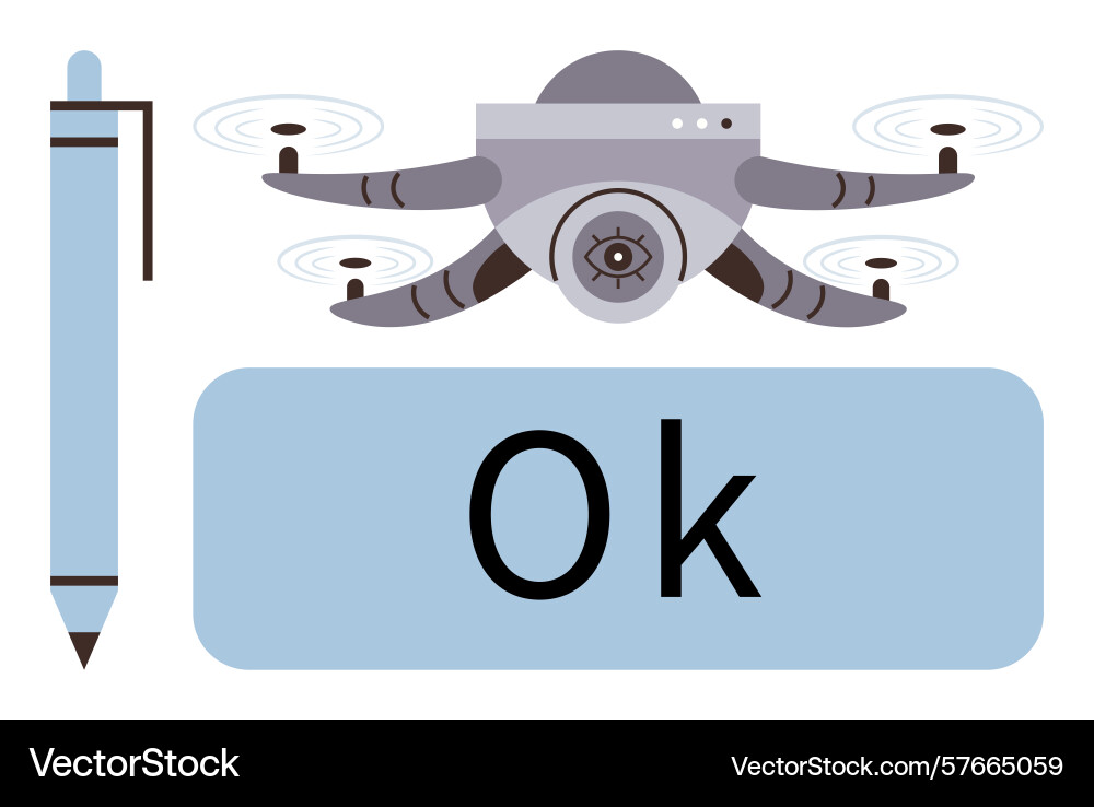 Drone with camera pen and ok text representing Drone with camera pen and ok text representing vector image