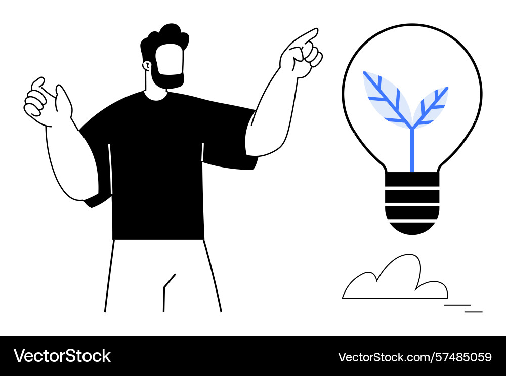 Man gesturing toward light bulb with tree branch Man gesturing toward light bulb with tree branch vector image