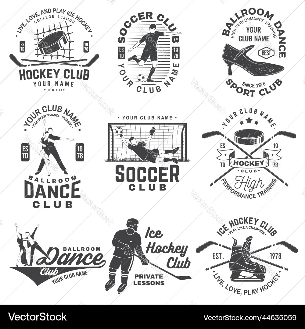 Set of ice hockey ballroom dance and soccer club Set of ice hockey ballroom dance and soccer club vector image