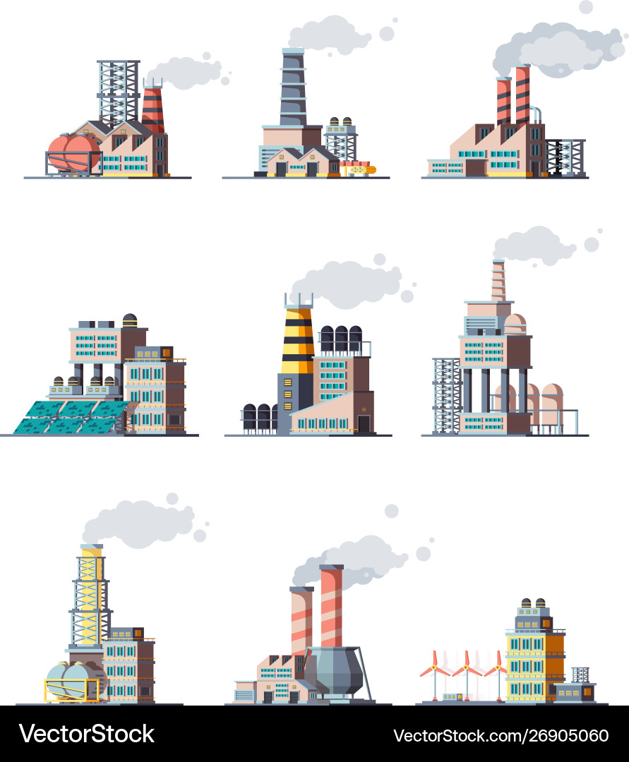 Factory industrial buildings smoke modern plants Factory industrial buildings smoke modern plants vector image