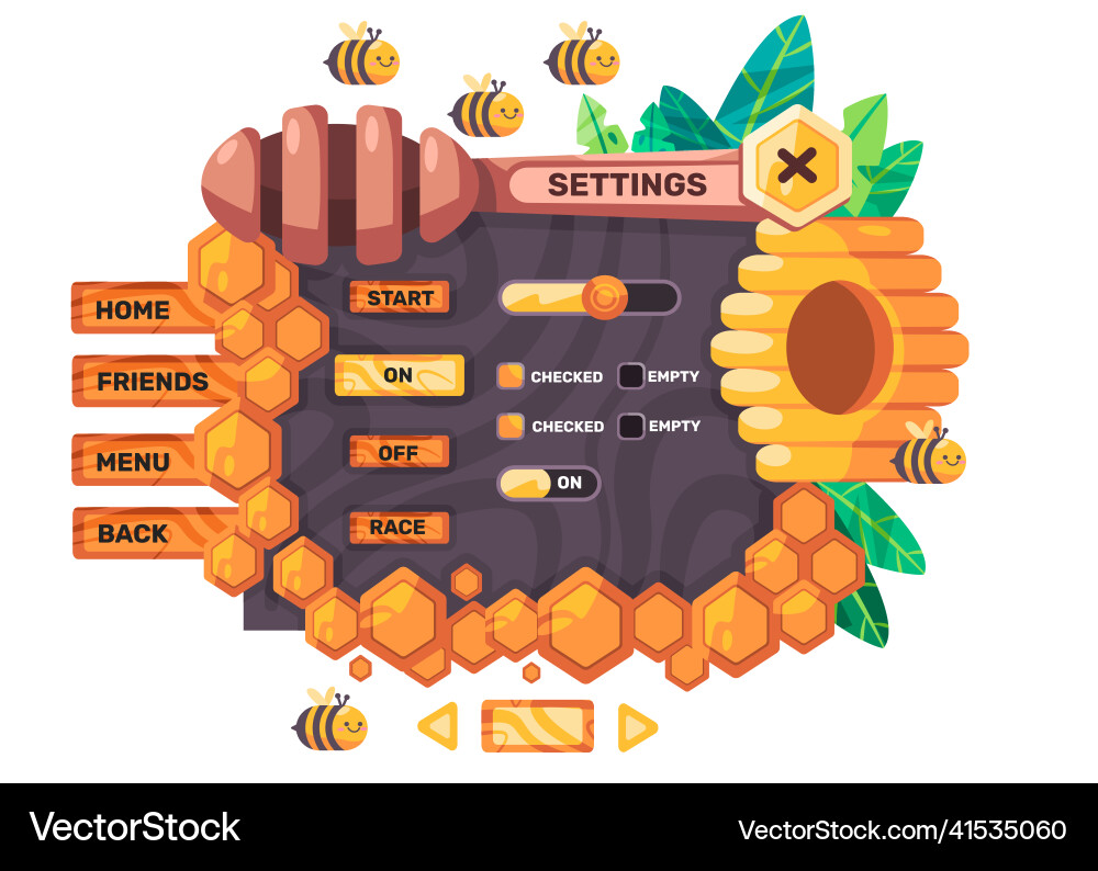 Game set user interface of honey bee setting menu vector image