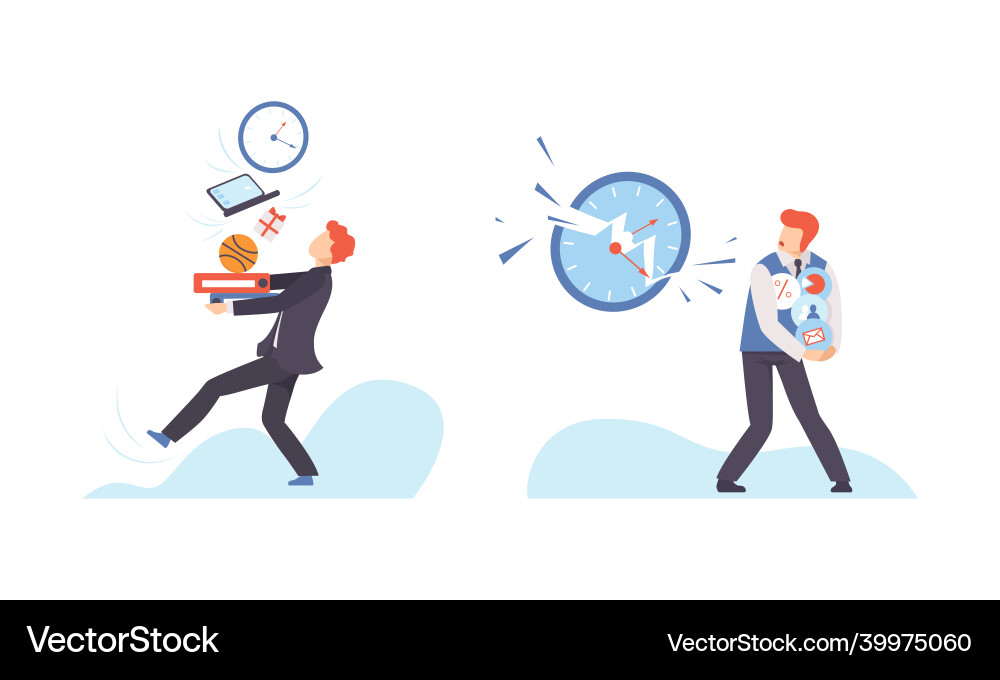 Man with breaking clock dial failing handling Man with breaking clock dial failing handling Vector Image