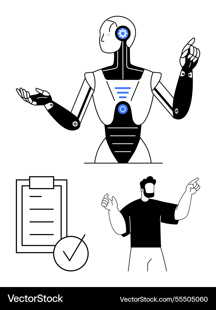 Robot explaining concept with human and checklist Robot explaining concept with human and checklist vector image