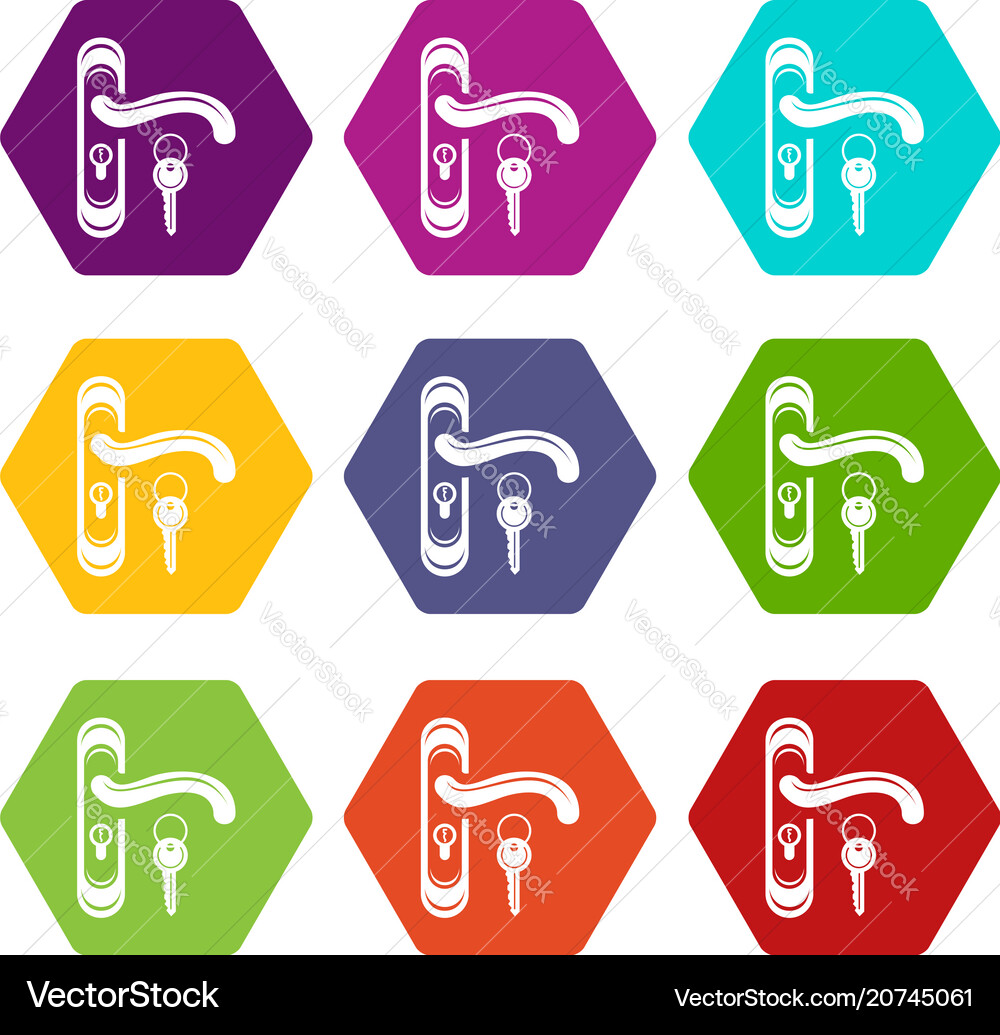 Door handle and key icons set 9 vector image