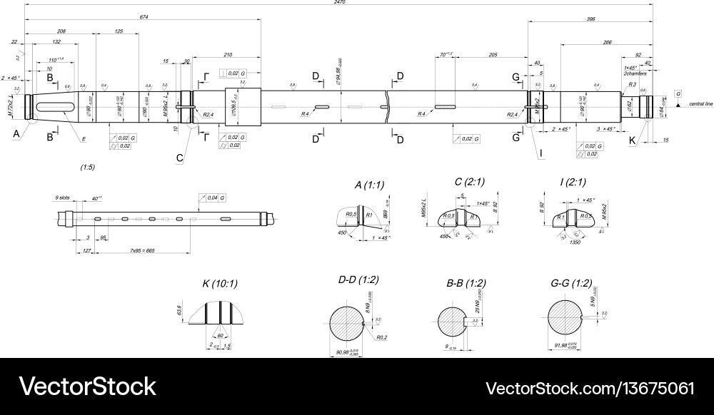 Expanded shaft sketch with layout keyways vector image