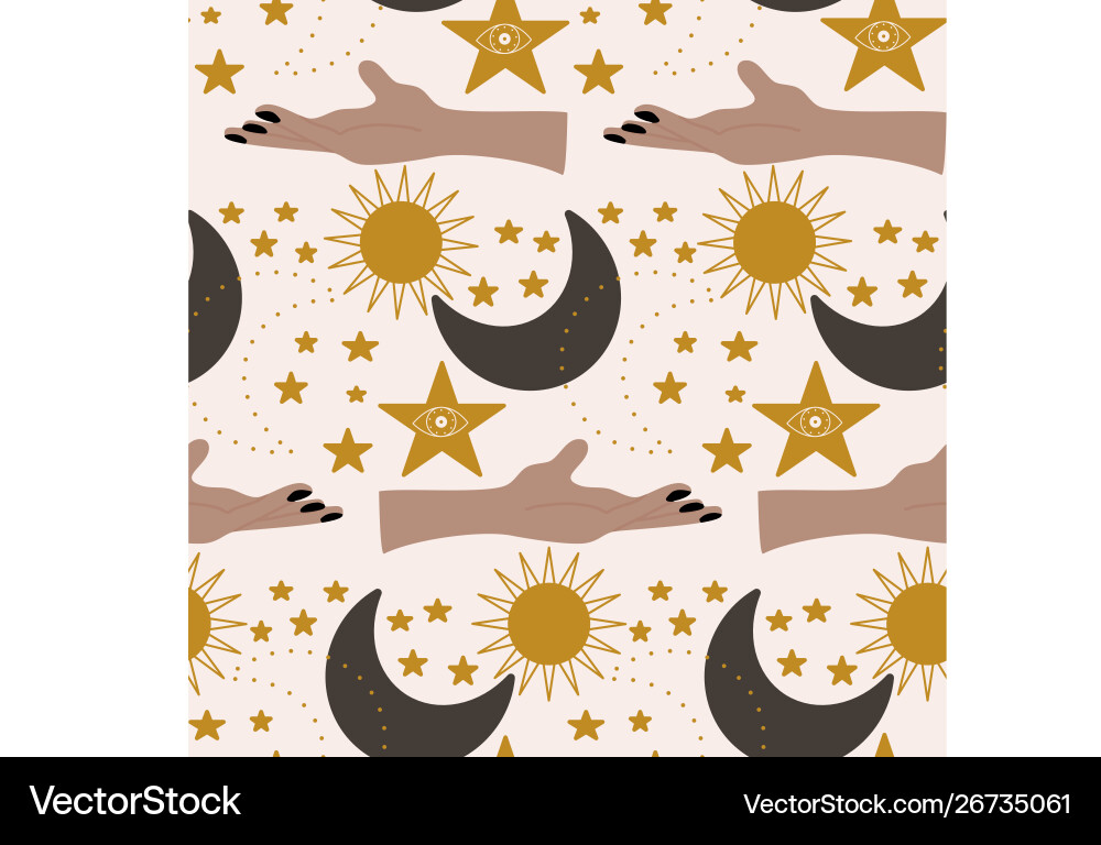 Hands and golden celestial elements in a seamless Hands and golden celestial elements in a seamless Vector Image